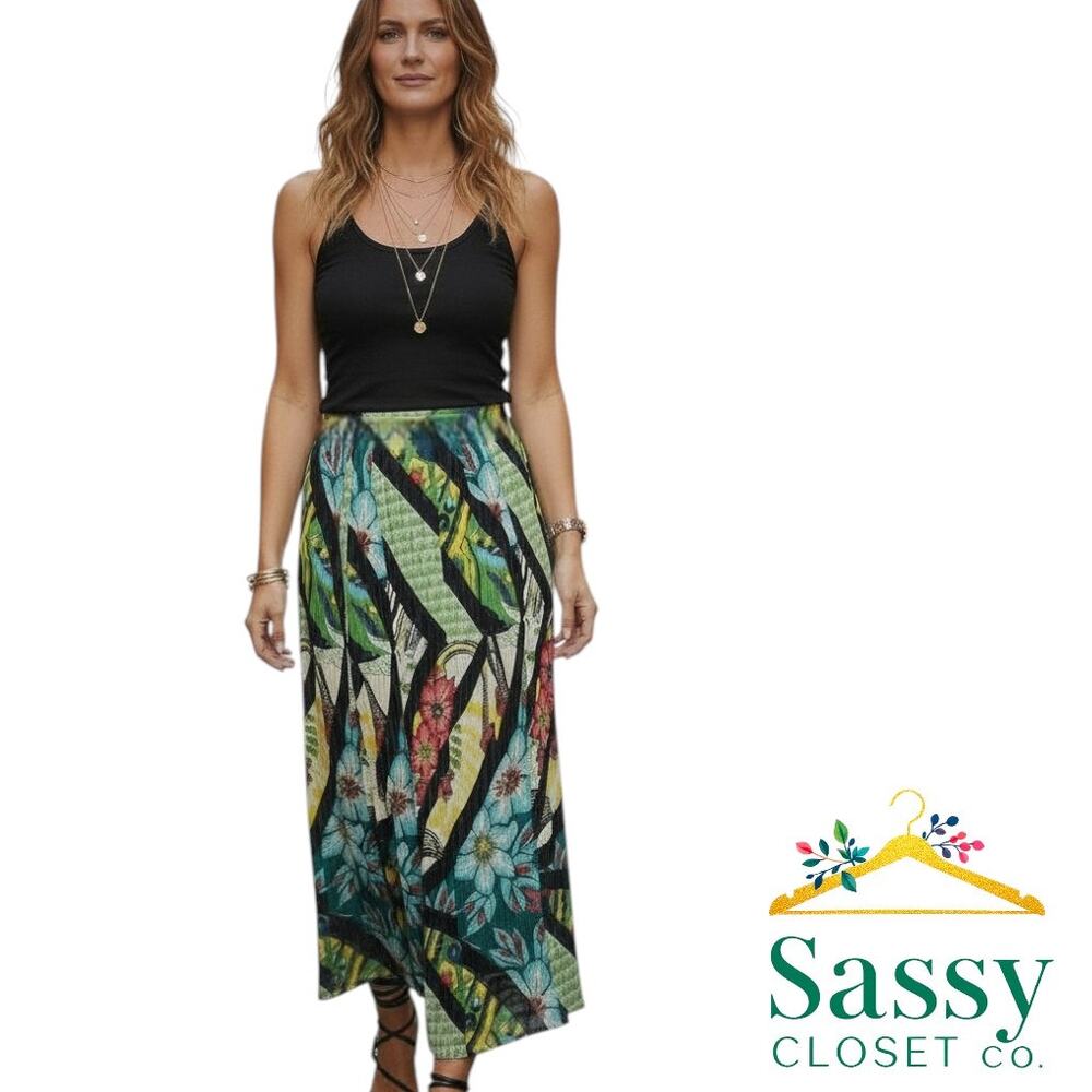 ETRO Italy Green Blue Botanical Viscose Maxi Skirt IT 42 US 6